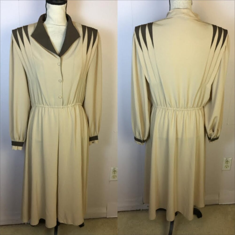 Vintage 80s Lilli Ann’s Midi Shirt Dress Sz 14P Womans Petite Beige Brown ILGWU